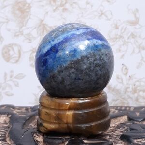 Lapis Lazuli Crystal Ball Sphere Stone blue white gray gold & Tiger's Eye Stand